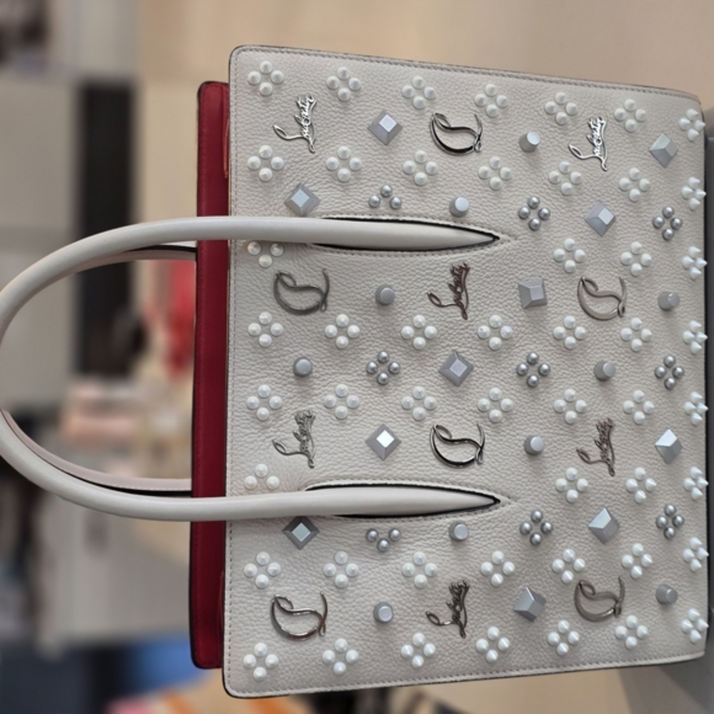 White and Red Embellished Leather Tote Bag